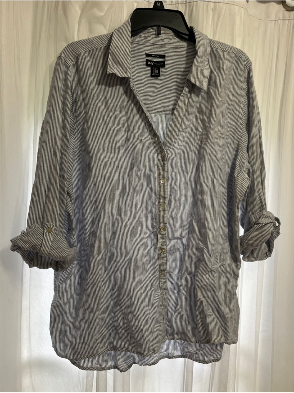 Jones New York Blue Striped Button Blouse roll sleeves 100% linen natural fiber